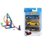 Hot Wheels Action Track, Corkscrew Twist Kit, Launch Car Directly at Target & 3 Car Pack, Multipack of 3 Hot Wheels Vehicles, Instant Starter Set, Collection of 1:64 Scale Toy Sports Cars