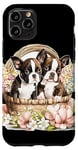 iPhone 11 Pro Boston Terrier Puppies in Floral Wicker Basket Case