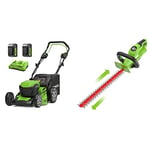 Greenworks Lwan Mower, 24Vx2 Mower 46cm Cutting Width with 55L Grass Catcher Box and 7-fold Central Cutting Height Adjustment+24V 56 cm Hedge Trimmer with Rotating Handle + 2x24V 2Ah Battery+Charger