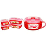 Sistema Heat and Eat Microwave Set | 4 Rectangular Food Containers with Lids (2x 1.25L + 2x 525ml) & Microwave Breakfast Bowl | Round Microwave Container| 850 ml | Red | 1 Count