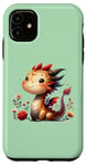 Coque pour iPhone 11 Vert, adorable dragon et fleurs en fleurs, art fantastique mignon