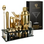 Mixology Bartender Kit – 24 Piece Gold Cocktail Shaker Set w/Stand – Essential Home Bar Accessories Martini Shaker, Jigger, Muddler, Chilling Cubes & More