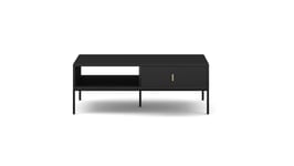 Soffbord: en låda, en hylla, svart färg, svarta ben
