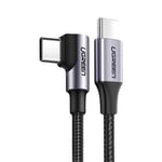 UGREEN USB-C til vinklet USB-C-kabel, PD, 60W, 3A, 2m - Grå/svart