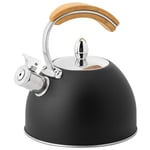 Beruyu Stainless Steel Whistle Kettle Teapot with Wooden Handle for Gas Stove and Induction Cooker, 3L (Black)