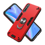 HAOTIAN Case for Huawei P Smart S, Hybrid Armor Defender Dual Laye Anti-Scratch Kickstand & Flexible Ring Grip, Military Grade Shockproof Thin Silicone Hard Phone Cover, Red
