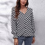 Sleeve Button Down Shirt Ruffles V Shirt (Black And White Checkerboard M) BST