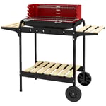 Kolgrill av metall BBQ rökare med hjul, höj- och sänkbart grillgaller, trähylla, mobil grillvagn kolgrill, kolgrill för grillcam