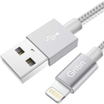 Gritin Lightning iPhone Charger Cable, [Apple MFi Certified] 3.3ft/1m Nylon Braided Apple Charger Cable High-Speed Charging for iPhone 12/12 Pro/12 Mini/11/Xs/X/8/7/6s Plus/SE/5s, iPad, iPod - Silver