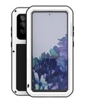 LOVE MEI for Samsung Galaxy S20 FE 5G Case,Heavy Duty Rugged Military Bumper Aluminum Metal+Silicone Dust/Shockproof Full Body Protection Case with Tempered Glass for Samsung Galaxy S20 FE 5G (White)