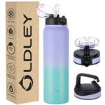 OLDLEY Gourde en Acier Inoxydable 1L avec Paille - Isotherme et Étanche - Garde Boissons Chaudes/Froides - Idéale pour Vélo, Camping, Sport - 3 Couvercles