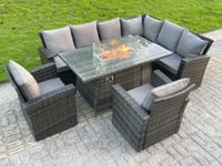 High Back Rattan Corner Sofa Set Gas Fire Pit Dining Table Heater Arm Chair 8 Seater
