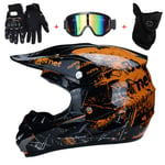 Full Face Helmet,Motorcycle Motocross Helmet Adult Full Face MTB Helmet Set with Goggles Gloves Mask Helmet Net, Motorbike Crash Helm,Orange,XL(58~59cm)