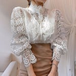 Damskjortor Vintage Solid Vit Spetsblus Dam Koreansk Button Lös Skjorta Toppar Hollow Spring Casual Damblusar White XL