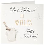 WHITE COTTON CARDS Best époux au Pays de Galles Motif Ville Carte d'anniversaire Faite à la Main avec Seau à Champagne