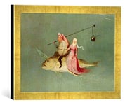'Encadré Image de Hieronymus Bosch "The Temptation of St. Anthony, RIGHT HAND Panel, detail of a couple Riding A Fish, d'art dans le cadre de haute qualité Photos fait main, 40 x 30 cm, Doré Raya