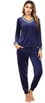 Irevial Womens Velvet Pyjama Set 2 Piece Loungewear Long Sleeve Fleece Loungewear Joggers Set with Pocket Navy Blue