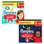 Pampers Protection Night Premium Pants, storlek 5, 12-17 kg (144 blöjor) och Baby-Dry Pants, storlek 5 12-17 kg (160 byxor).