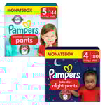 Pampers Protection Night Premium Pants, storlek 5, 12-17 kg (144 blöjor) och Baby-Dry 5 (160 byxor).