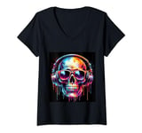 Womens skull music with sunglasses and headphones art for men women V-Neck T-Shirt