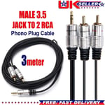 Pure Metal Shielded AUX 2x RCA Audio Cable Twin Phono Plugs Stereo to 3.5mm Jack