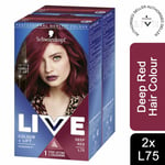 2x Schwarzkopf Live Color+Lift Permanent Colour Hair Dye,L75 Deep Red with Serum