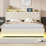 Möblerad sängkista med LED 160 x 200 cm - med USB-laddningsanslutning - Linnetyg - Beige