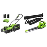 Greenworks 2x24V 36cm Battery Lawnmower GD24X2LM36K2xwith 2x2Ah Battery and Dual Slot Charger & 2X24V Cordless Leaf Vacuum and Leaf Blower 2-in-1 GD24X2BV Tool Only