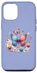 Coque pour iPhone 15 Illustration inspirée de la nature avec papillon coloré et floral bleu