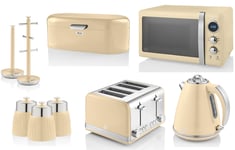 Swan Retro Cream Jug Kettle 4 Slice Toaster Microwave & Kitchen Storage Set of 9