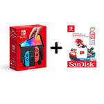 Nintendo Switch (modèle OLED) avec manettes Joy-Con bleu néon / rouge néon + Carte mémoire microSD SanDisk SDSQXAO-128G-GNCZN 128 Go Rouge