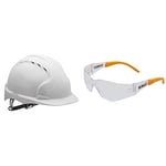 JSP EVO2 One Size Safety Helmet with Slip Ratchet - White - Vented - (AJF030-000-100-AMZ) & DEWALT DPG54-1D PROTECTOR Clear High Performance Lightweight Protective Safety Glasses -Yellow/Clear