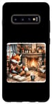 Galaxy S10+ Fox Reads By Fireplace In Cabin. Rustic Book Cozy Cup Tea Case