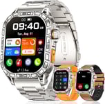 Militaire Montre Connectée Homme 3 Bracelets,1,96""Hd Amoled Étanchéité Ip68 Fitness Smartwatch Avec 100+ Modes Sportifs,Fréquence Cardiaque Sommeil Calorie Pour Android Ios,Bracelet Argent Brun