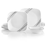 Corelle 18-piece Dinner Set, Simple Sketch, Black and White for 6, Chip Resistant Dinnerware, includes 26cm square dinner plates, 17cm square salad / side plates and 530ml square soup / cereal bowls