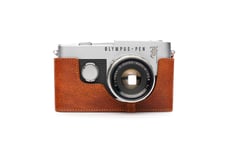 Case for Olympus PEN-F Film Camera, Zakao Handmade Genuine Real Leather Half Camera Case Bag Cover for Olympus PEN-F (Just fit Film Camera) With Hand Strap (Brown)