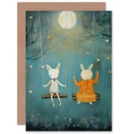Rabbits on a Swing with Moonlit Butterflies Kids Birthday Blank Greeting Card