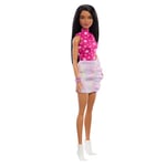 Barbie Poupée Fashionistas avec Cheveux Noirs Lisses, Haut Rose à imprimé étoiles et Jupe irisée, poupée à Collectionner, 65ème Anniversaire, HRH13