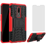 Phone Case for Oneplus 6 with Tempered Glass Screen Protector and Stand Kickstand Hard Rugged Hybrid Accessories Heavy Duty Shockproof Oneplus6 A6000 A6003 One Plus6 1 Plus 1plus Six Cases Red