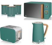 Swan Nordic Green Kettle 2 Slice Toaster Microwave & Canisters Set of 6