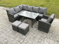 Wicker Rattan Garden Furniture Corner Sofa Set with Oblong Dining Table 2 Small Footstools Chair