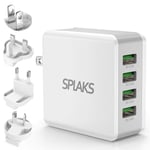 USB Plug Charger, SPLAKS 4-Port USB Universal Travel Adaptor Plug, 40W/5V 8A Wall Charger with UK/EU/USA Worldwide Travel Charger Adapter for iPhone, iPad, Android, Tablets and More-White