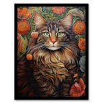 Norwegian Forest Cat Floral Painting Detailed Animal Portrait With Spring Garden Flower Blooms Art Print Framed Poster Wall Decor