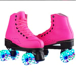 Double-Row Roller Skates, Wear-Resistant Leather Four-Wheel Roller Pulley, Breathrable Skating Shoes with Flash for Adult Men Women Rink Special,Pink(flash),36
