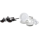 Tefal 5 Piece, Essential, Pots and Pans Set, Black, Aluminium, Non Stick & Amazon Basics Dinnerware Set, Service for 4, 16-Piece