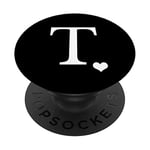 PopSockets White Initial Letter T heart Monogram on Black PopSockets PopGrip: Swappable Grip for Phones & Tablets