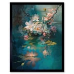 Low Hanging Cherry Blossom Branch in River Stream Modern Watercolour Painting Art Print Framed Poster Wall Decor 12x16 inch
