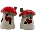 Dekohelden24 Lot de 2 champignons en céramique avec LED, chapeau champignon rouge avec cheminée, décoration en forme de cœur et petites fenêtres comme cadeau de fête des mères, dimensions : H x Ø env.