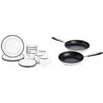 Amazon Basics Cafe Stripe Dinnerware Set with 16-Pieces - Black+Amazon Basics 2 Piece Stainless Steel Induction Frying Pan Set, 24 cm and 28 cm, Non Stick, with Soft Touch Handle, PFOA&BPA Free