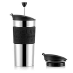 BODUM Travel French Press Coffee Maker Set, Stainless Steel with Extra Lid, Vacuum, 350 ml/12 oz, Black